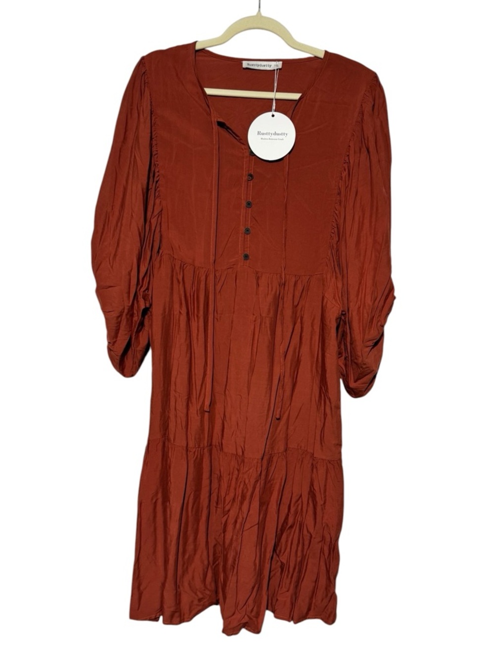 Rustty Dustty NWT Boho Puff Sleeve Dress Size 1X Burnt Orange Tiered Midi Hippie